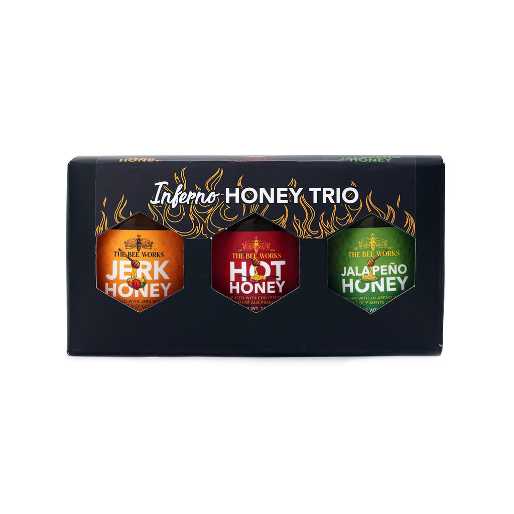 The Bee Works Inferno Honey Trio Box. Front View. 