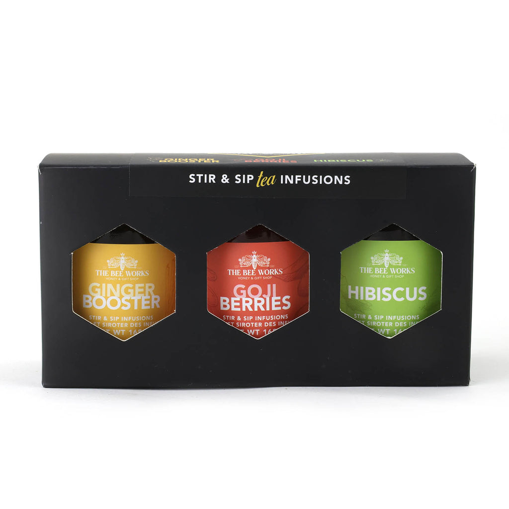 The Bee Works Stir and Sip Tea Infusion Honey Gift Box. Front View.
