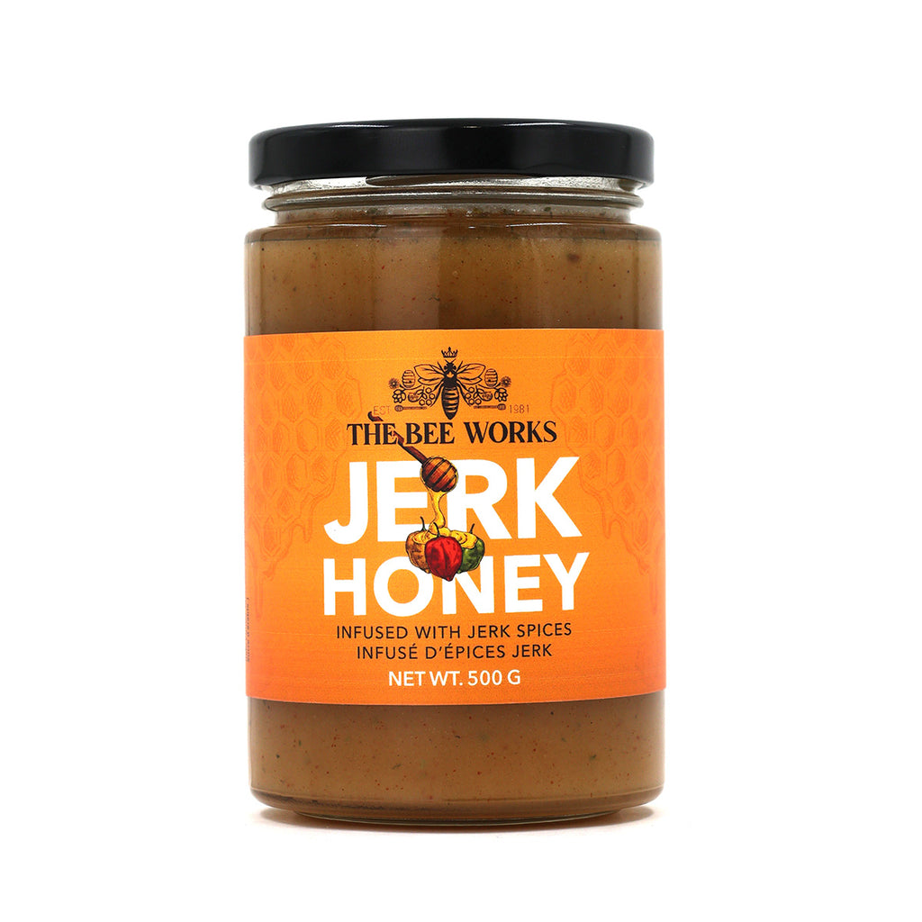 The Bee Works Jerk Honey. Front View.