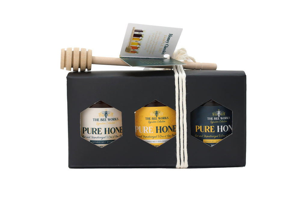 The Bee Works Signature Honey Trio Gift Box. Front View.