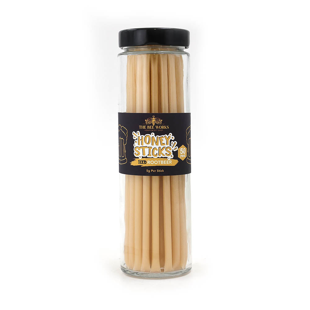 The Bee Works Root Beer 50 Pack of Honey Sticks. Front View.