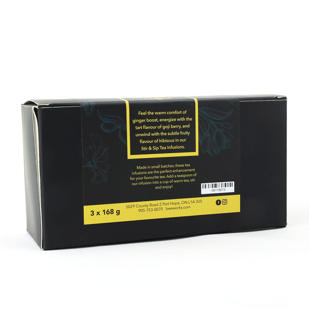 The Bee Works Stir and Sip Tea Infusions Honey Gift Box. Back View.
