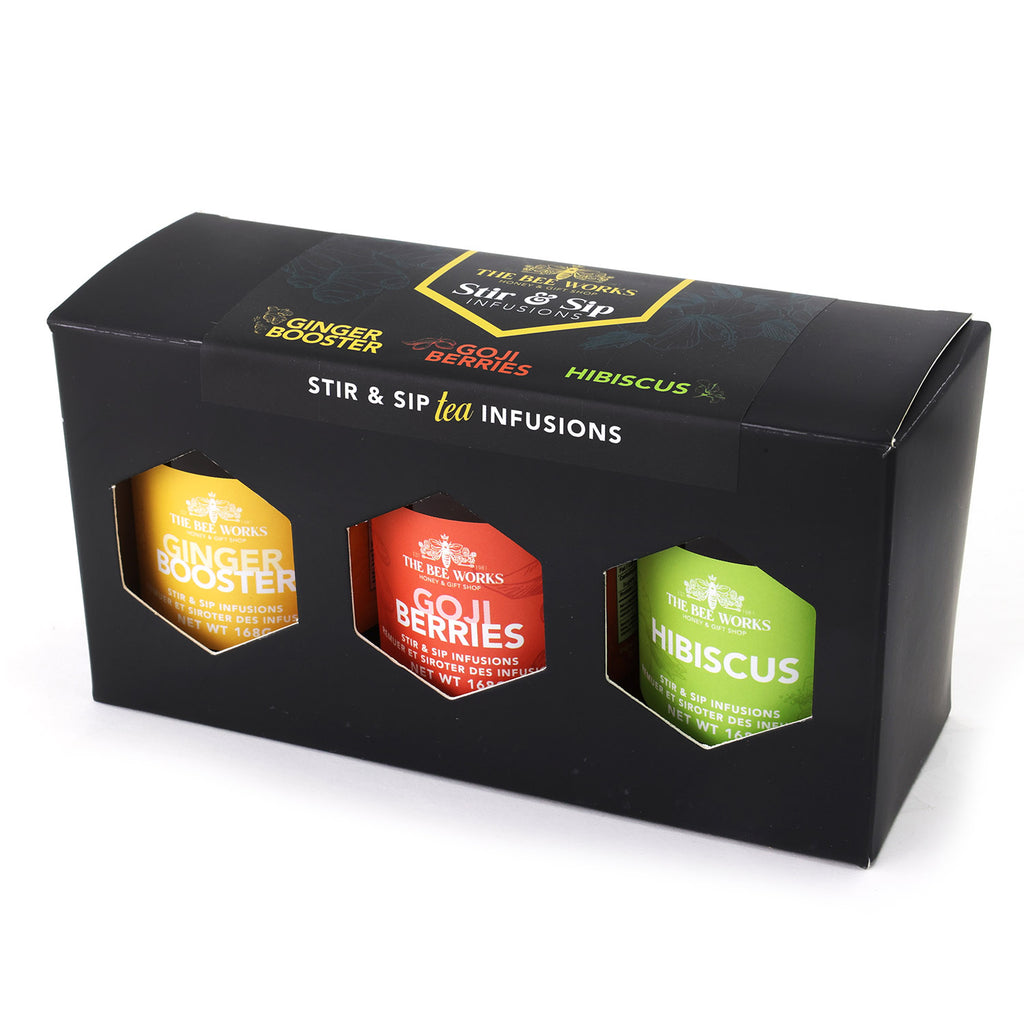 The Bee Works Stir and Sip Tea Infusions Honey Gift Box. Top view.