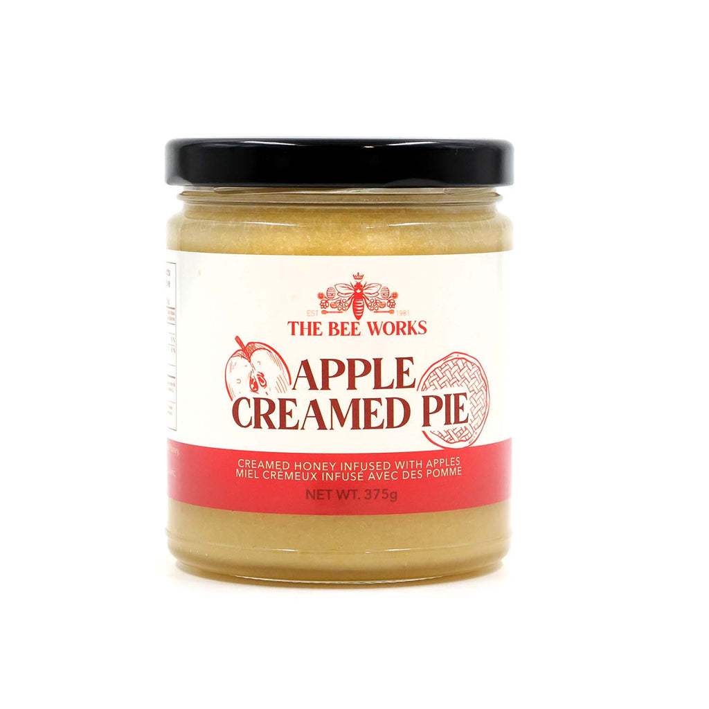 The Bee Works 375g Creamed Apple Pie Honey. Front View.